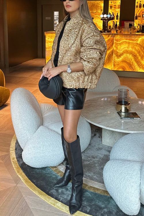 Trixiedress Stand Collar Zip Up Pocketed Sequin Jacket