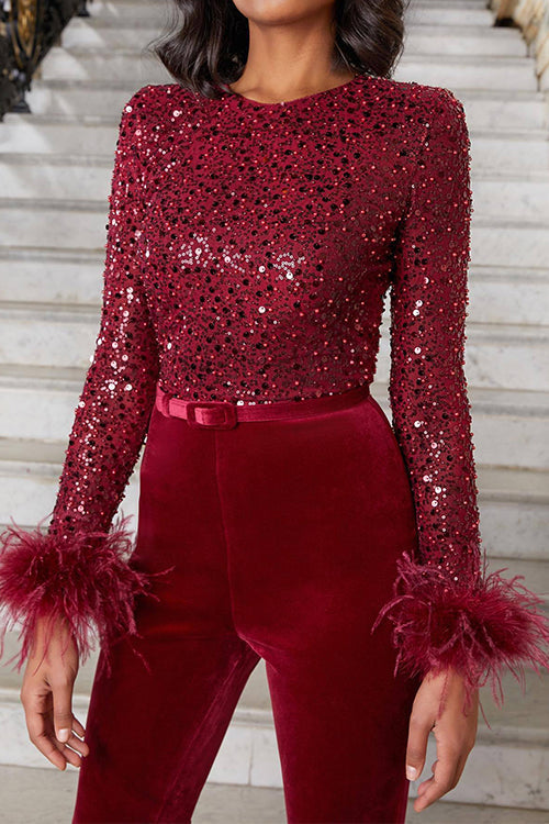Trixiedress Feather-Paneled Long Sleeves Bell Bottoms Sequin Jumpsuit