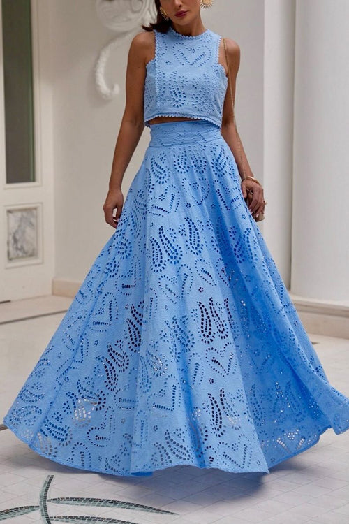 Trixiedress Lace Hollow Out Crewneck Crop Tank Top High Waist Maxi Swing Skirt Set