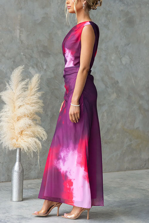 One Shoulder Ruched Waist Tie Dye Maxi Dress