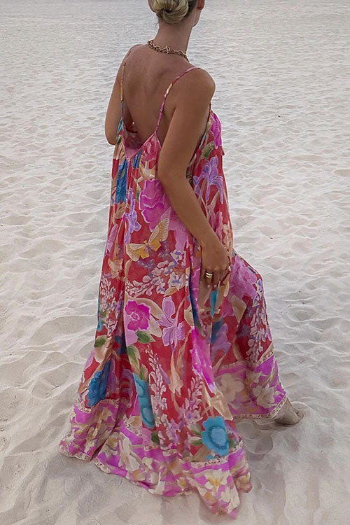 Trixiedress V Neck Spaghetti Strap Backless Floral Print Maxi Vacation Dress