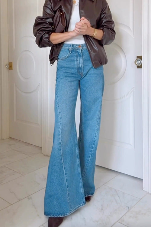 High Waist Pocketed Bell Bottom Denim Pants