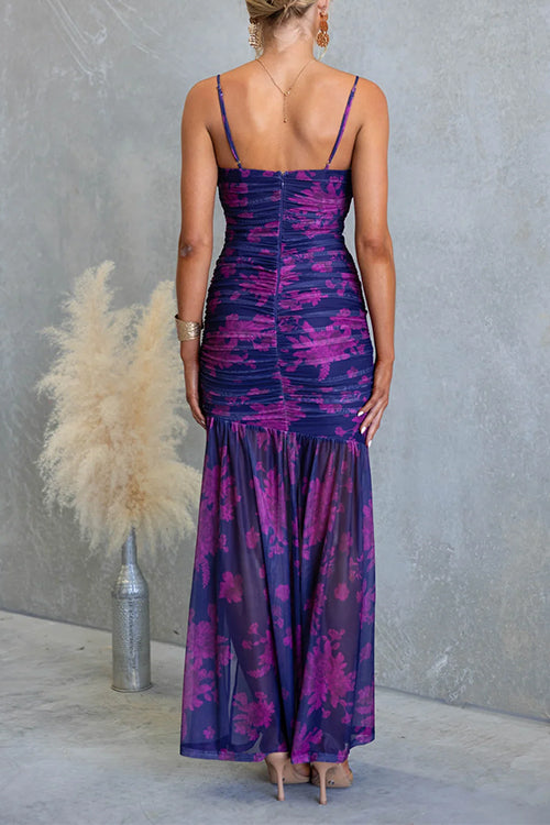 Spaghetti Strap Ruched Slit Floral Print Maxi Dress