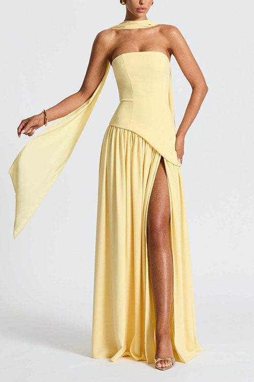 Trixiedress Strapless Back Lace-up High Slit Splice Maxi Dress