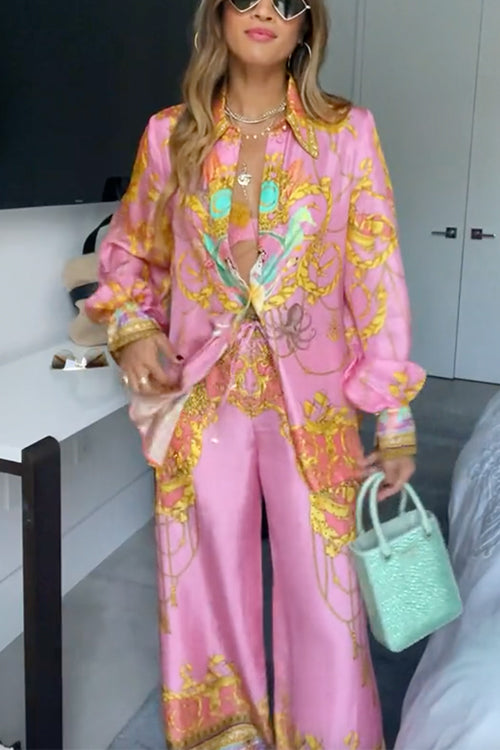 Trixiedress Unique Print Lantern Long Sleeves Blouse Shirt and Wide Leg Pants Holiday Outfit Set