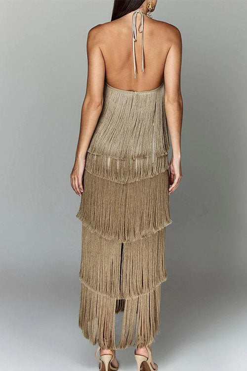 Trixiedress Chicest Halter Ruffle Layered Fringe Maxi Party Dress