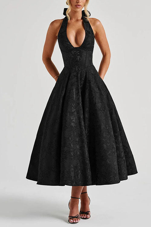 Trixiedress Halter V Neck Waisted Jacquard Swing Midi Party Dress