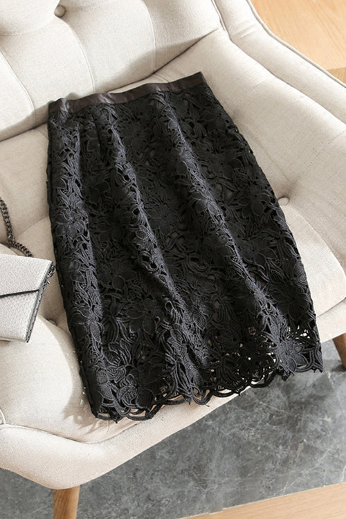 Trixiedress High Rise Lace Hollow Out Midi Skirt