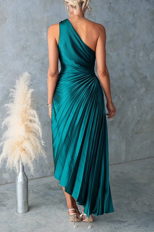 Trixiedress One Shoulder Cut Out Waist Pleated Satin Maxi Dress