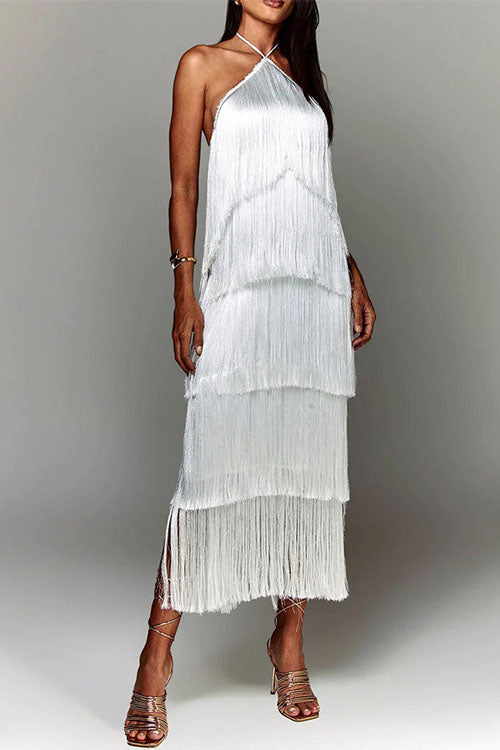 Trixiedress Chicest Halter Ruffle Layered Fringe Maxi Party Dress