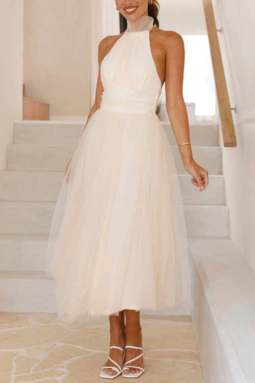 Trixiedress Halter Open Back Waisted Tulle Midi Dress