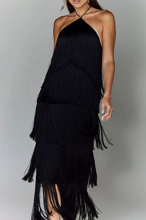 Trixiedress Chicest Halter Ruffle Layered Fringe Maxi Party Dress