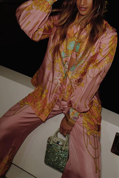 Trixiedress Unique Print Lantern Long Sleeves Blouse Shirt and Wide Leg Pants Holiday Outfit Set