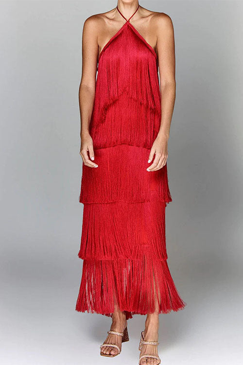 Trixiedress Chicest Halter Ruffle Layered Fringe Maxi Party Dress