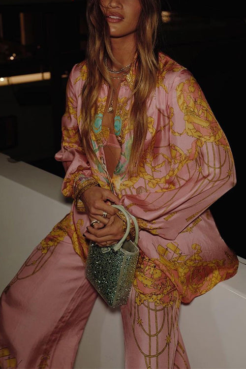 Trixiedress Unique Print Lantern Long Sleeves Blouse Shirt and Wide Leg Pants Holiday Outfit Set