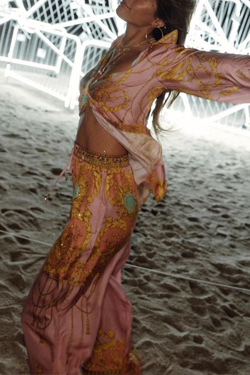 Trixiedress Unique Print Lantern Long Sleeves Blouse Shirt and Wide Leg Pants Holiday Outfit Set