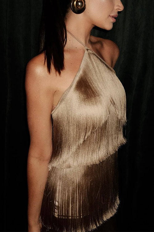 Trixiedress Halter Ruffle Tiered Fringe Mini Party Dress