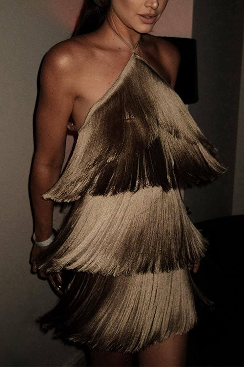 Trixiedress Halter Ruffle Tiered Fringe Mini Party Dress
