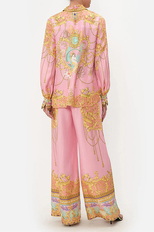 Trixiedress Unique Print Lantern Long Sleeves Blouse Shirt and Wide Leg Pants Holiday Outfit Set