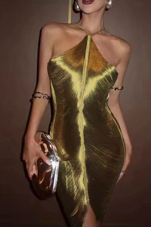 Trixiedress Chicest Halter Draped Fringe Mini Party Dress