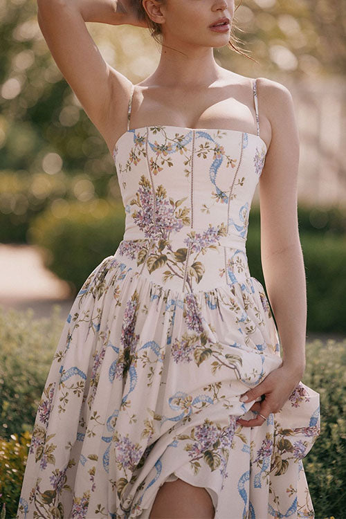 Trixiedress Spaghetti Strap Floral Print Bustier A-line Maxi Dress