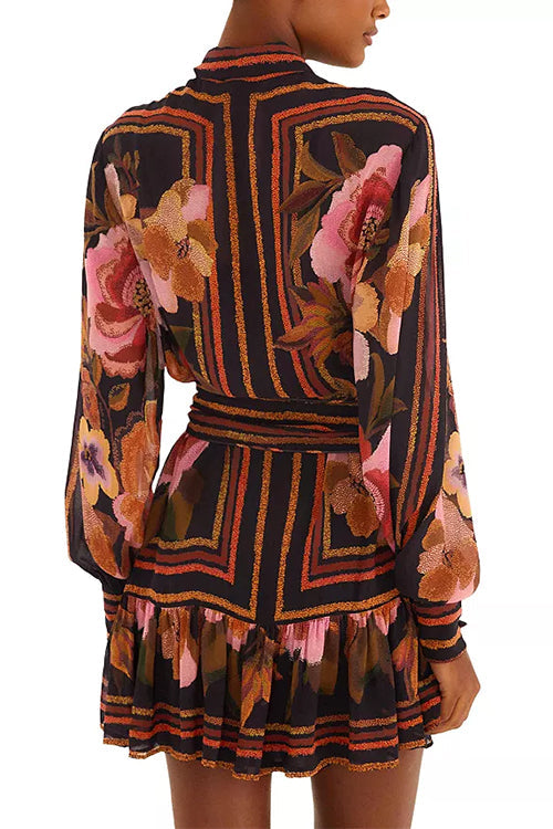 Long Sleeves Button Up Tie Waist Fioral Print Ruffle Mini Shirt Dress