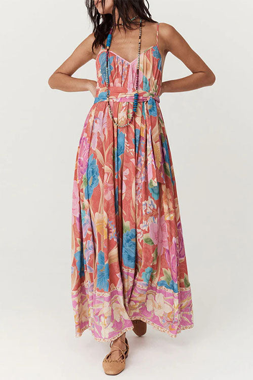 Trixiedress V Neck Spaghetti Strap Backless Floral Print Maxi Vacation Dress