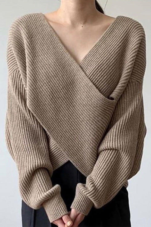 Trixiedress V Neck Criss Cross Front Ribbed Knit Sweater