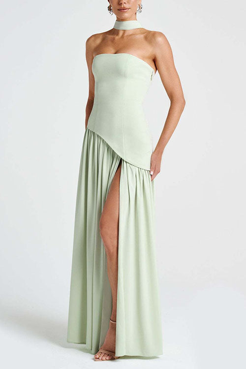 Trixiedress Strapless Back Lace-up High Slit Splice Maxi Dress