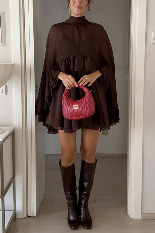 Chic High Neck Sheer Ruffle Hem Cape Mini Dress