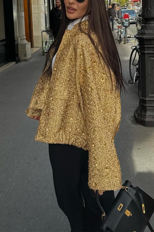 Trixiedress Stand Collar Zip Up Pocketed Sequin Jacket