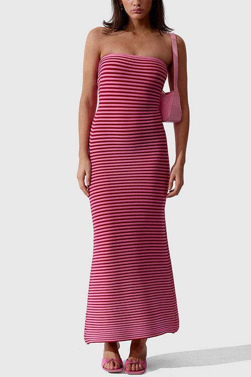 Trixiedress Strapless Tube Striped Knit Maxi Bodycon Dress