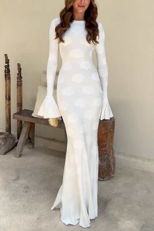 Trixiedress Bell Long Sleeves Backless Lace-up Shell Print Maxi Dress