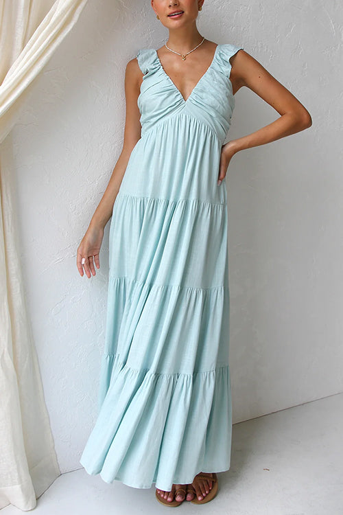 Trixiedress V Neck Ruffle Trim Tiered Sleeveless Linen Maxi Dress