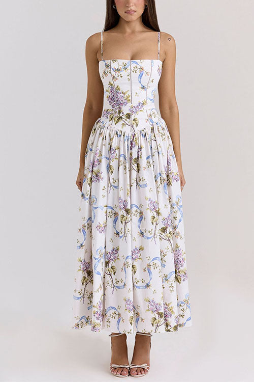Trixiedress Spaghetti Strap Floral Print Bustier A-line Maxi Dress