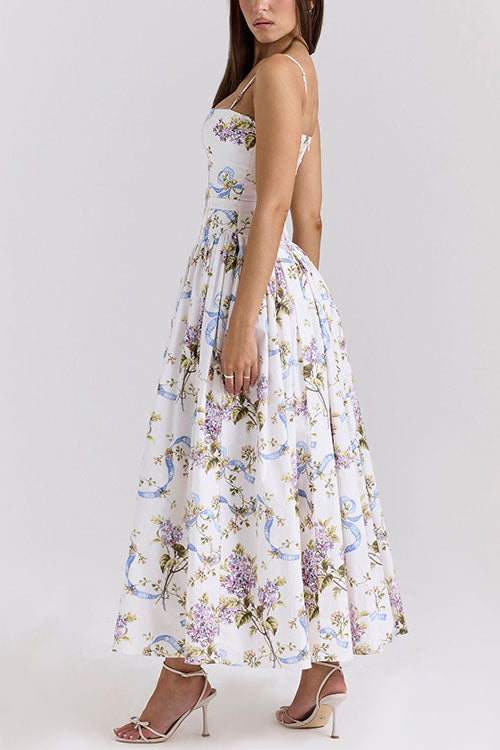 Trixiedress Spaghetti Strap Floral Print Bustier A-line Maxi Dress