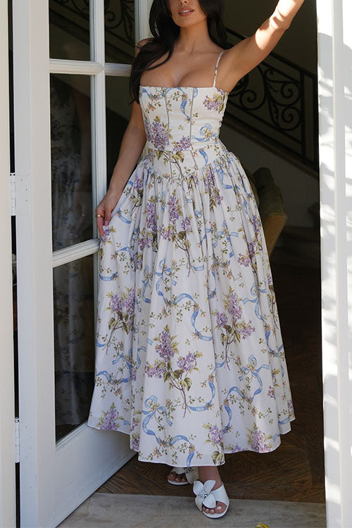 Trixiedress Spaghetti Strap Floral Print Bustier A-line Maxi Dress
