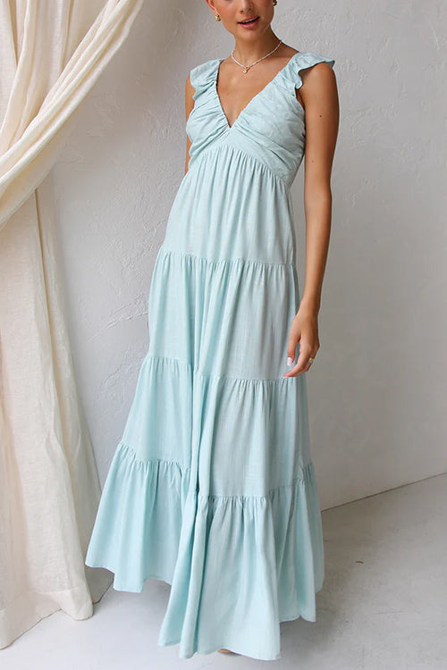 Trixiedress V Neck Ruffle Trim Tiered Sleeveless Linen Maxi Dress