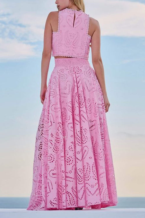 Trixiedress Lace Hollow Out Crewneck Crop Tank Top High Waist Maxi Swing Skirt Set