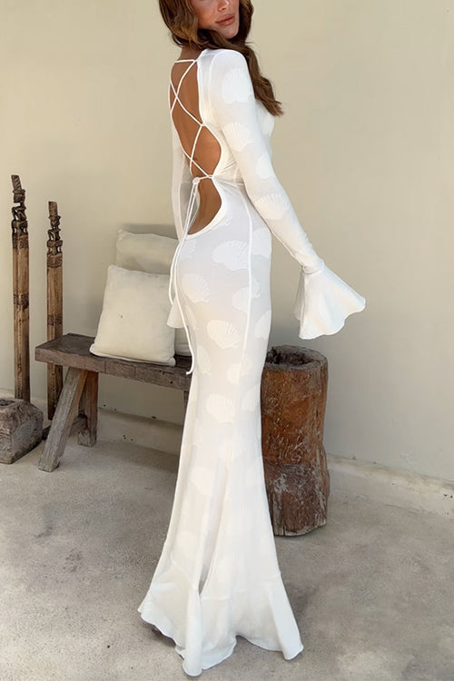 Trixiedress Bell Long Sleeves Backless Lace-up Shell Print Maxi Dress