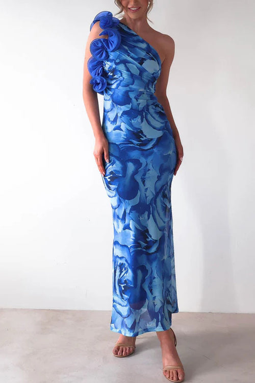Trixiedress Ruffle One Shoulder Floral Print Bodycon Maxi Dress