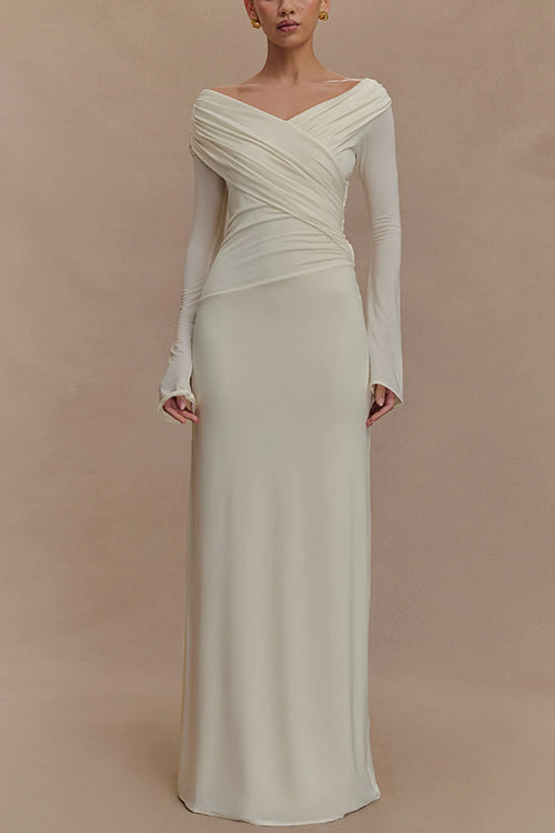 Off Shoulder Long Sleeves Ruched Solid Maxi Dress