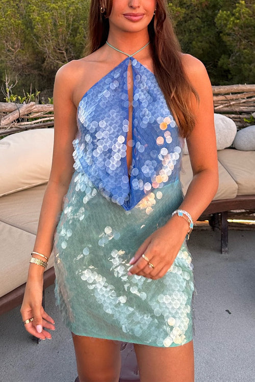 Trixiedress Halter Sleeveless Cut Out Sequin Mini Party Dress