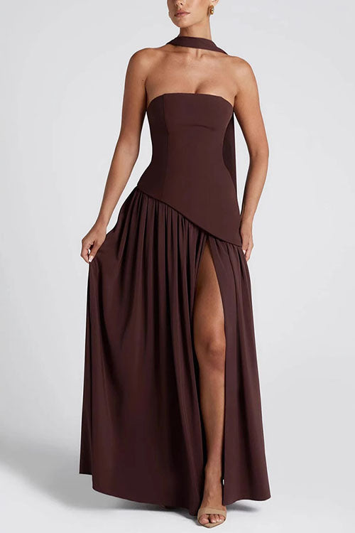 Trixiedress Strapless Back Lace-up High Slit Splice Maxi Dress