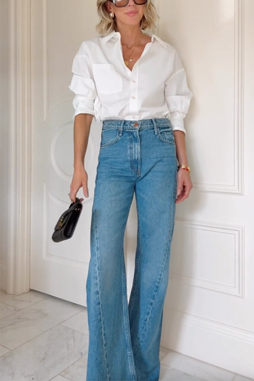 High Waist Pocketed Bell Bottom Denim Pants