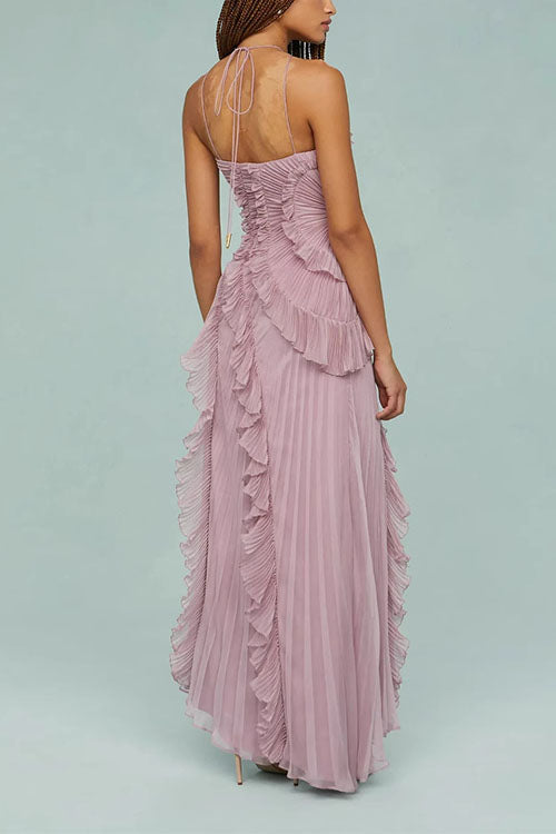 Trixiedress Strappy Halter Neck Ruffle Trim Asymmetric Hem Pleated Maxi Dress