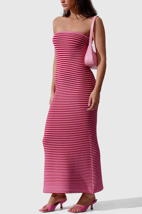 Trixiedress Strapless Tube Striped Knit Maxi Bodycon Dress