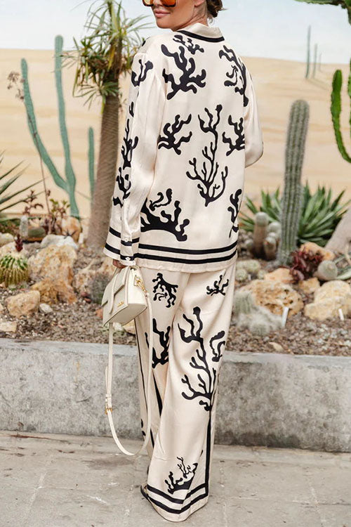 Trixiedress Long Sleeves Button Up Reef Print Satin Shirt