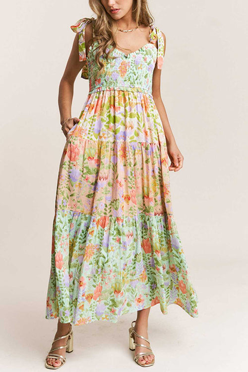Trixiedress V Neck Bow Shoulder Tiered Floral Print Maxi Dress