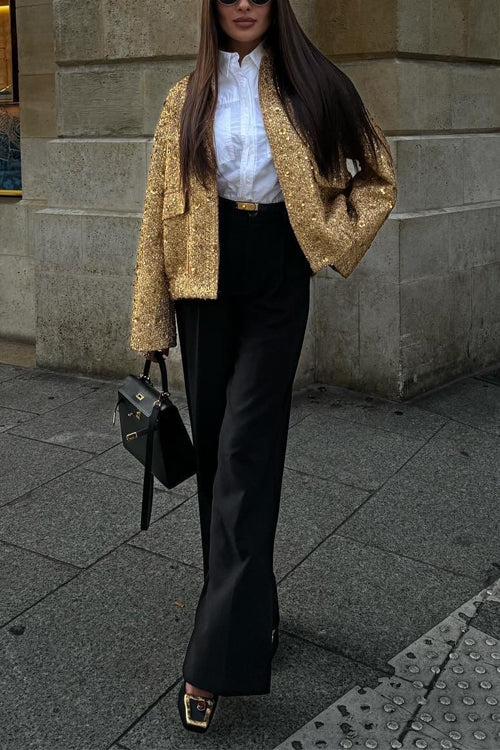 Trixiedress Stand Collar Zip Up Pocketed Sequin Jacket